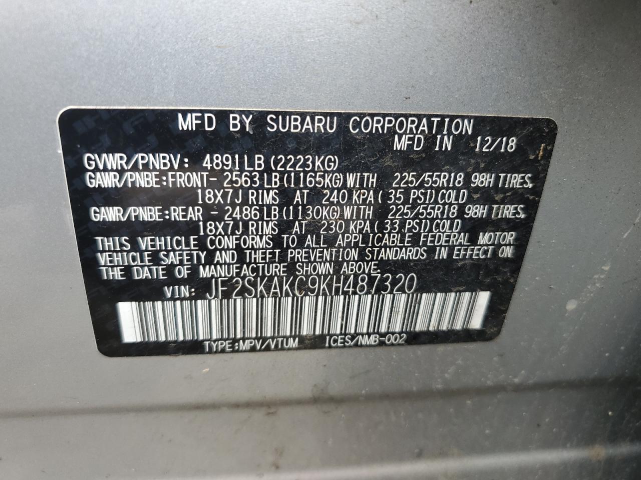 2019 Subaru Forester Sport VIN: JF2SKAKC9KH487320 Lot: 60644195