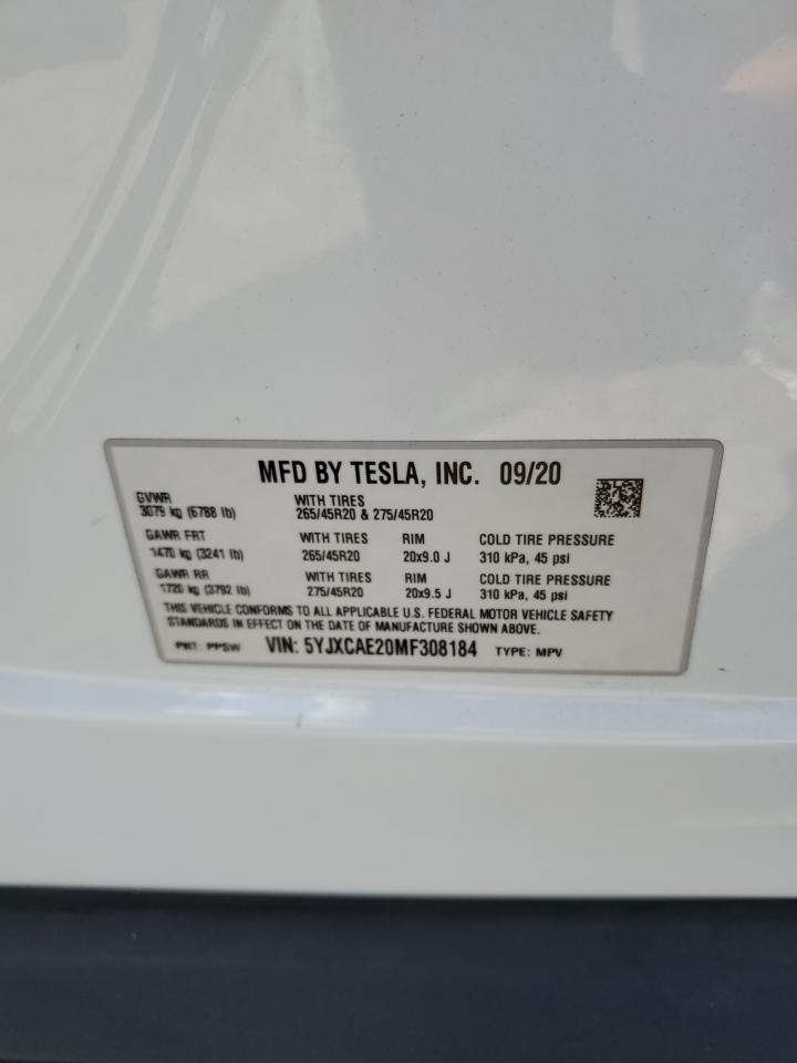 2021 Tesla Model X VIN: 5YJXCAE20MF308184 Lot: 62162405