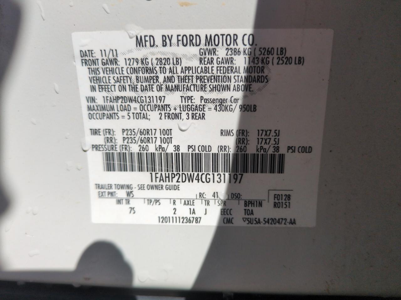 2012 Ford Taurus Se VIN: 1FAHP2DW4CG131197 Lot: 62194865