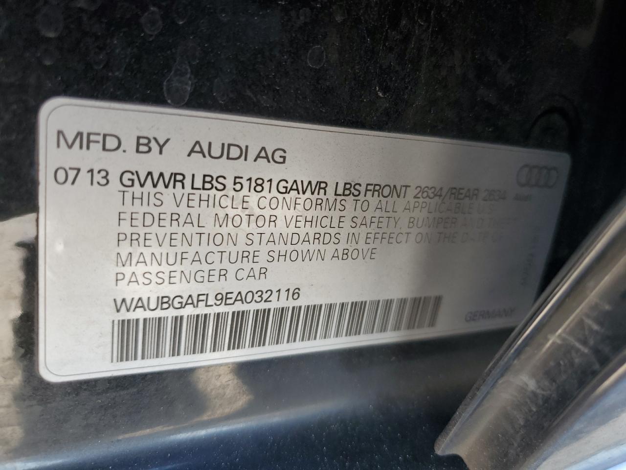 2014 Audi S4 Premium Plus VIN: WAUBGAFL9EA032116 Lot: 61767415