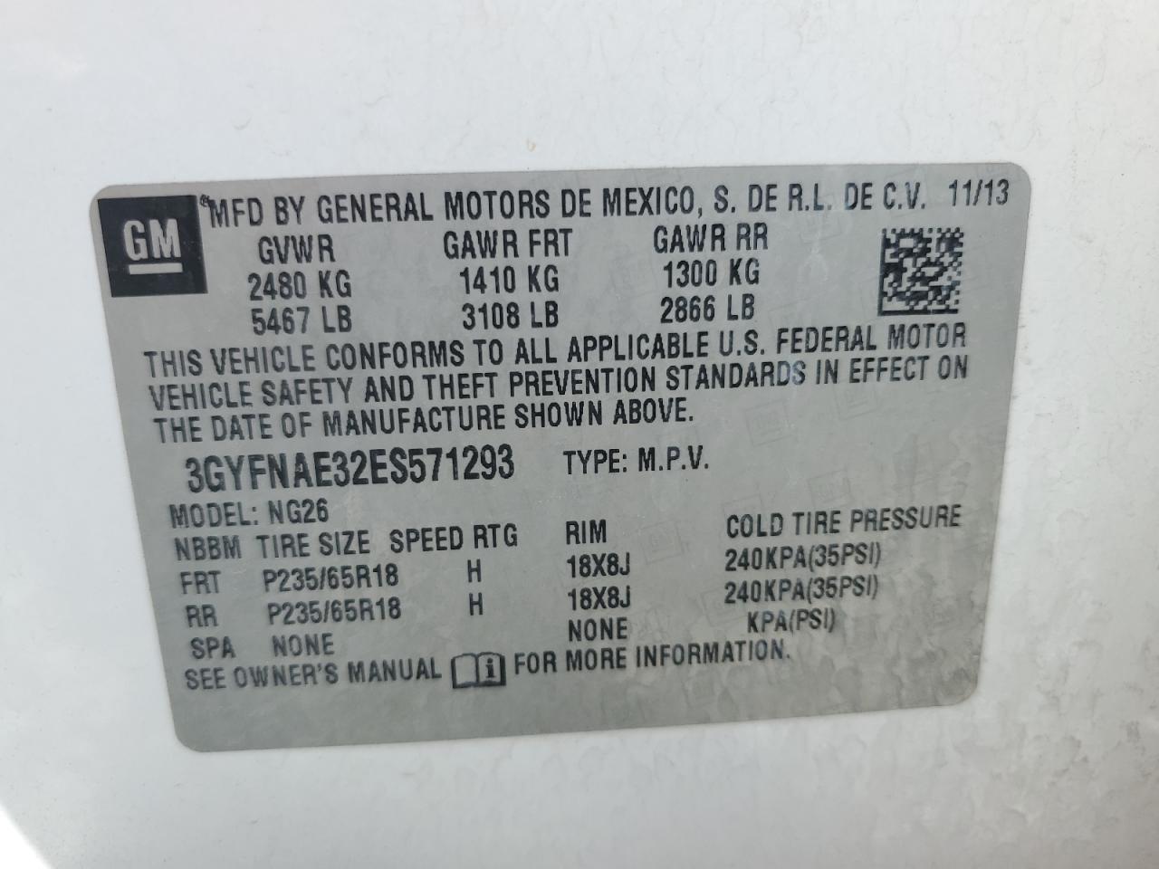 2014 Cadillac Srx VIN: 3GYFNAE32ES571293 Lot: 59782385