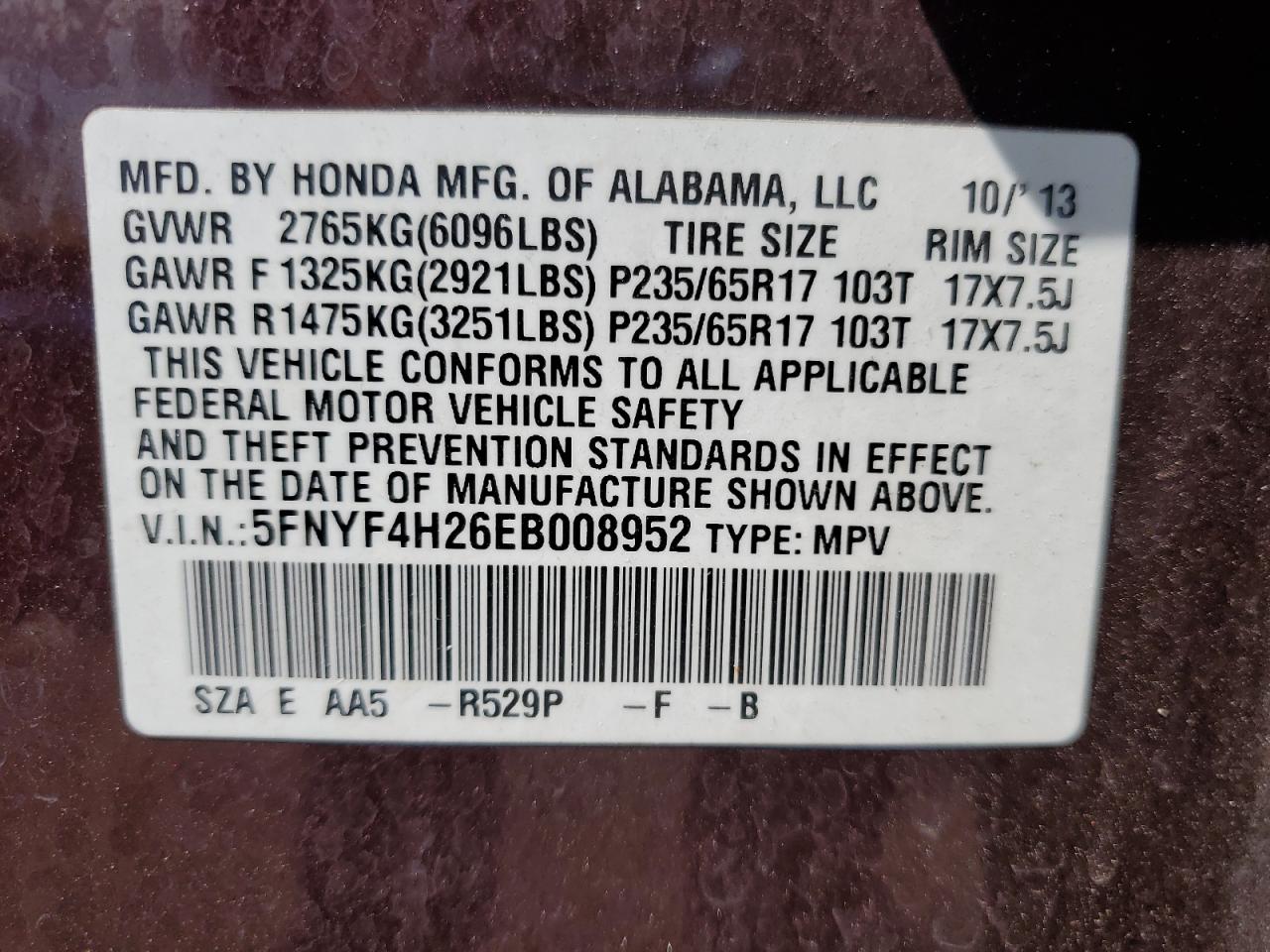 HONDA PILOT 2014 VIN 5FNYF4H26EB008952 фото 13