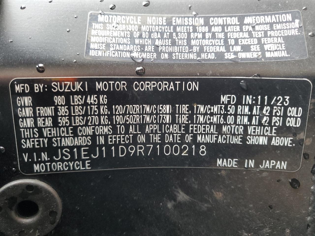 2024 Suzuki Gsx1300 Rr VIN: JS1EJ11D9R7100218 Lot: 59976125