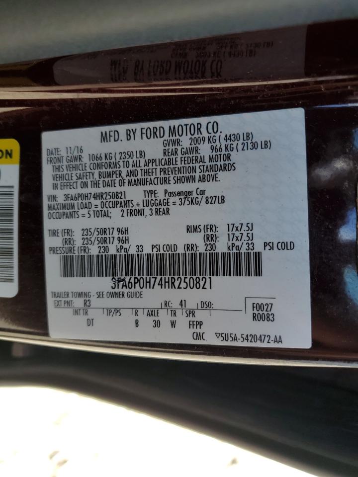 2017 Ford Fusion Se VIN: 3FA6P0H74HR250821 Lot: 62937965