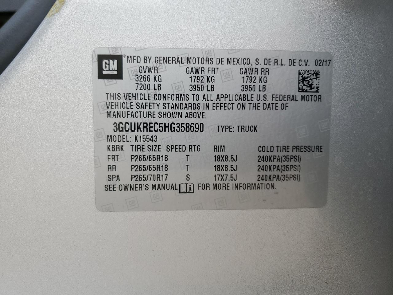 3GCUKREC5HG358690 CHEVROLET ALL Models 2017