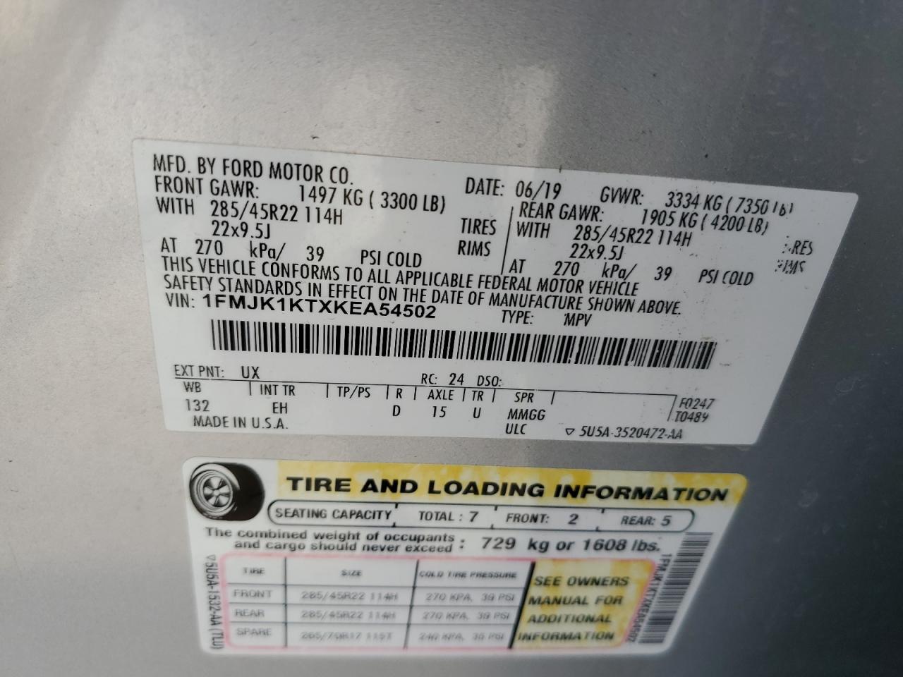 1FMJK1KTXKEA54502 FORD EXPEDITION 2019
