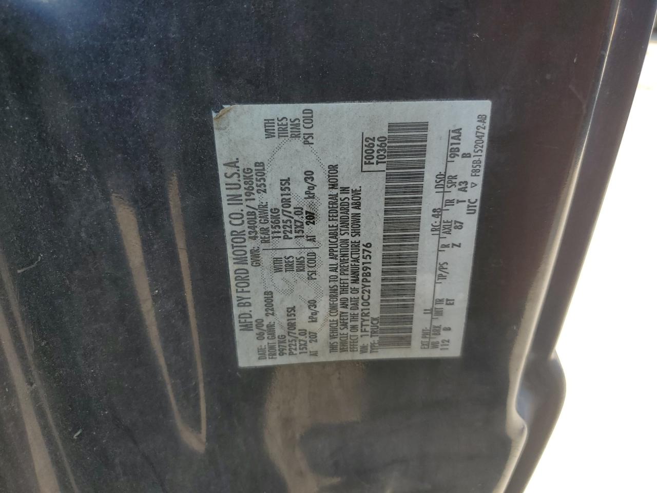 2000 Ford Ranger VIN: 1FTYR10C2YPB91576 Lot: 58732635