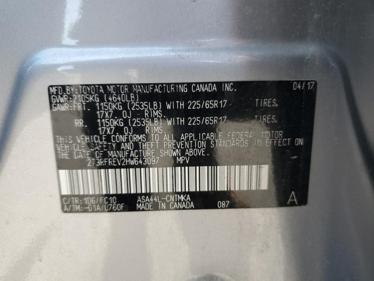 2T3RFREV2HW643097 TOYOTA RAV4 2017