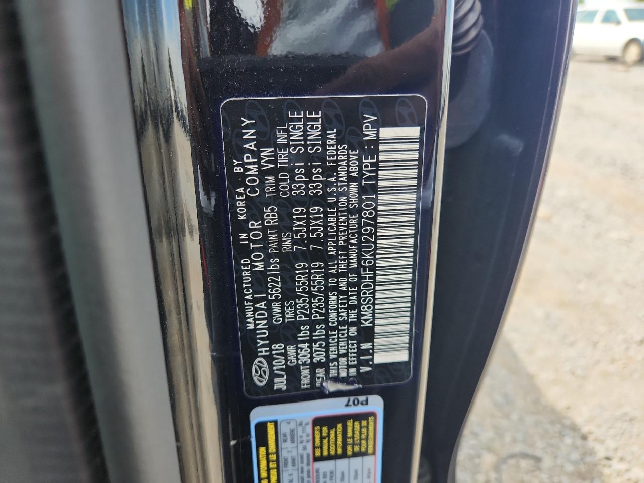 2019 Hyundai Santa Fe Xl Se Ultimate VIN: KM8SRDHF6KU297801 Lot: 62689605