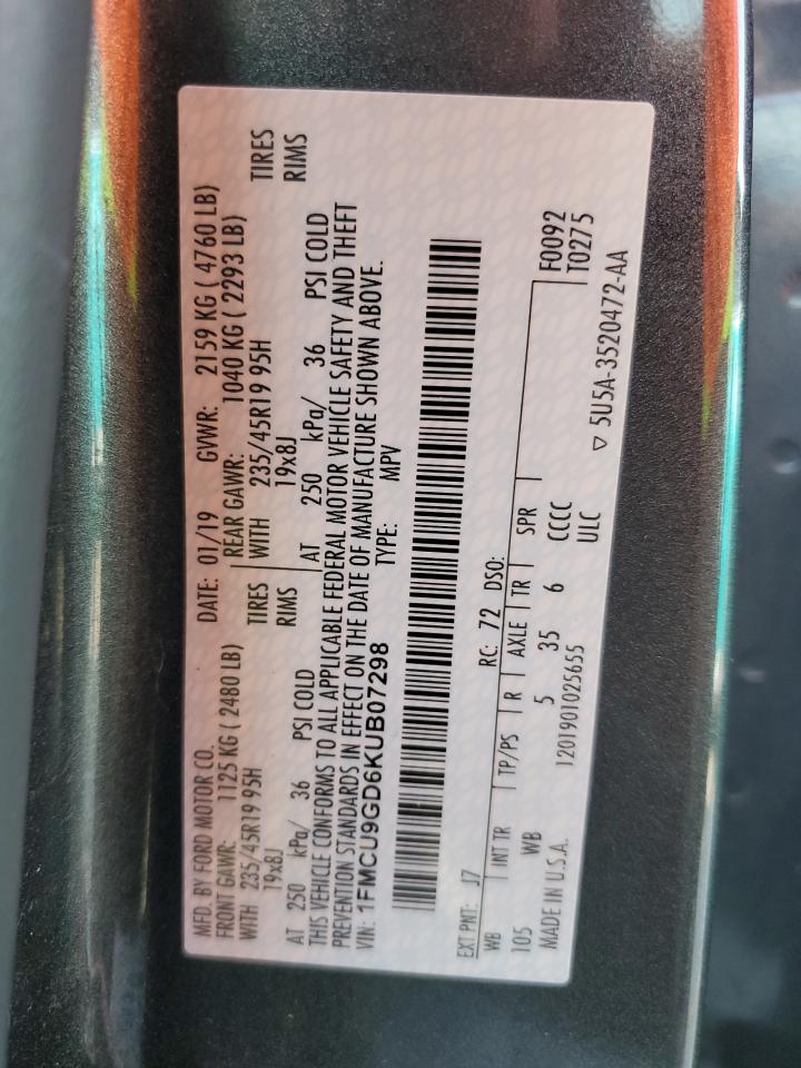 2019 Ford Escape Se VIN: 1FMCU9GD6KUB07298 Lot: 62732635
