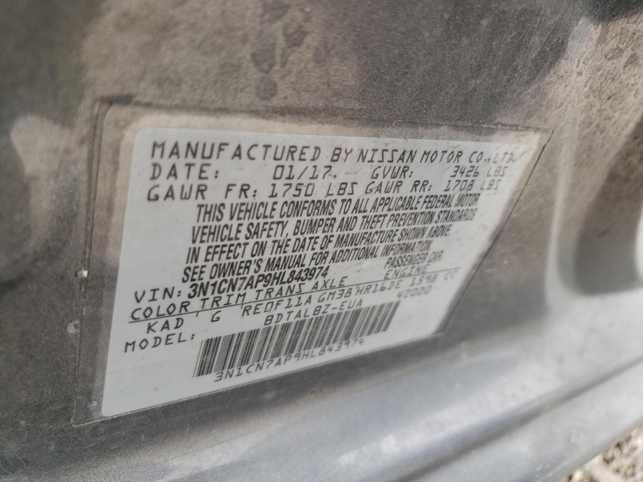 3N1CN7AP9HL843974 NISSAN VERSA 2017