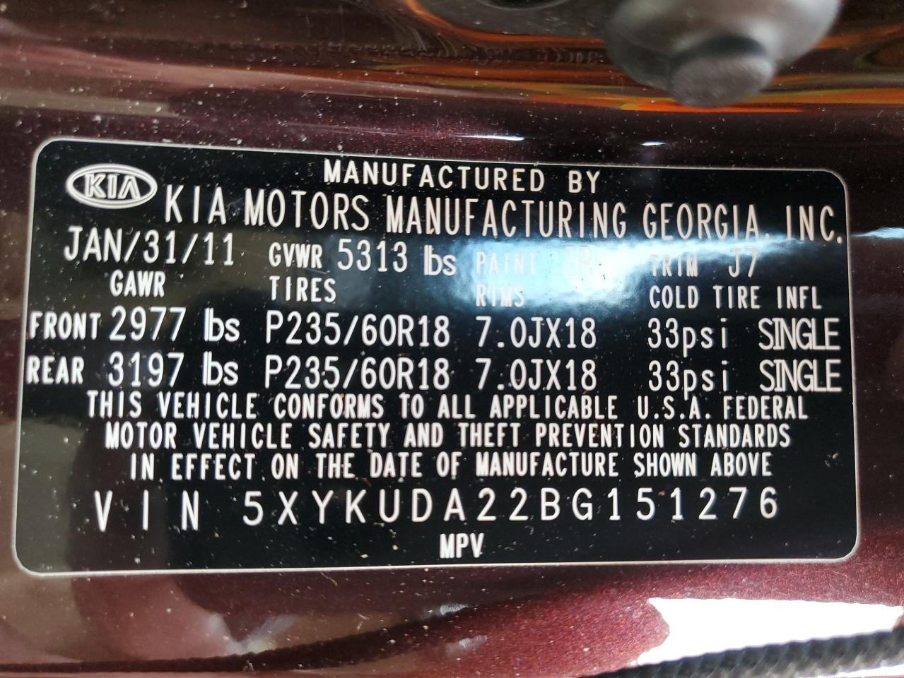2011 Kia Sorento Ex VIN: 5XYKUDA22BG151276 Lot: 62825945