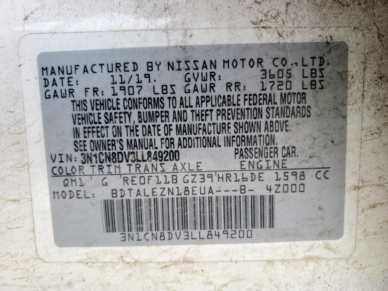 3N1CN8DV3LL849200 NISSAN VERSA 2020