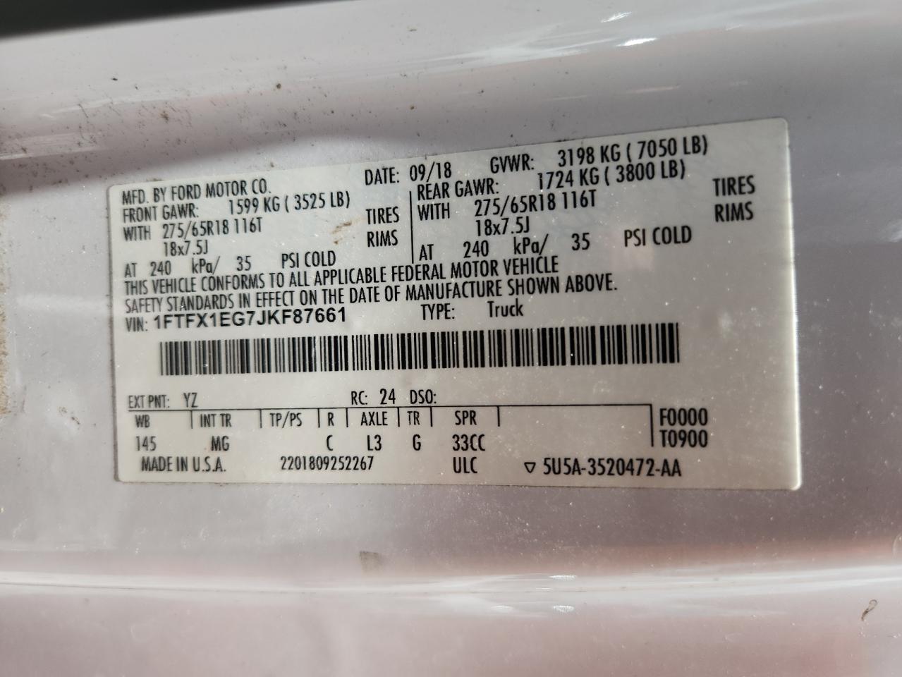 1FTFX1EG7JKF87661 FORD F-150 2018