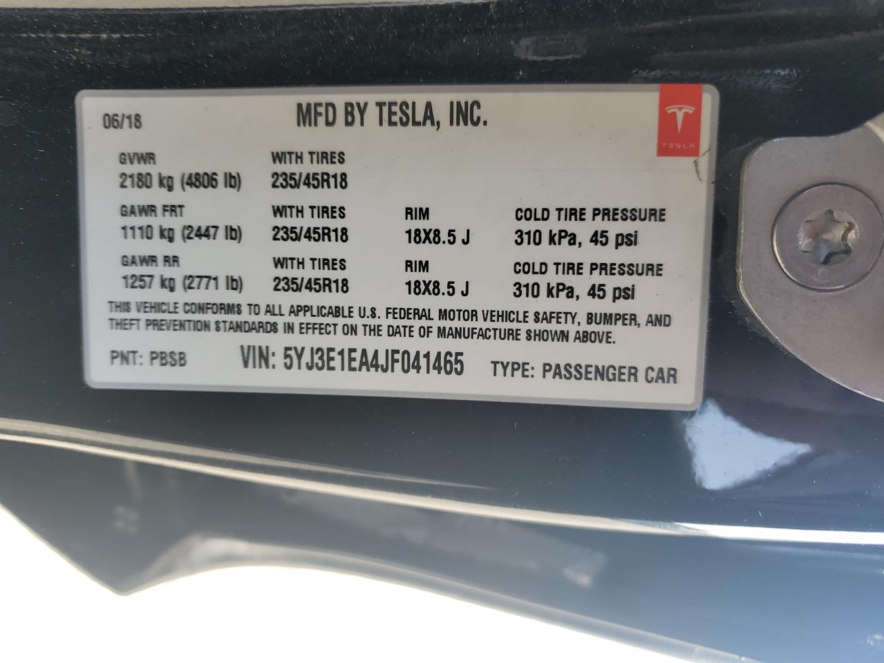 2018 Tesla Model 3 VIN: 5YJ3E1EA4JF041465 Lot: 61687105
