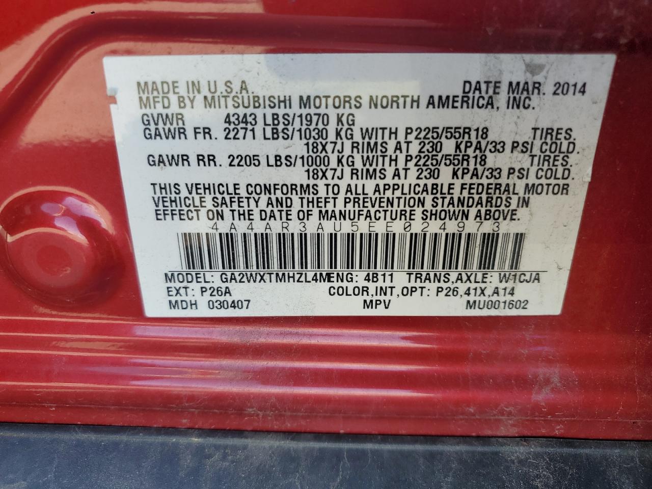 2014 Mitsubishi Outlander Sport Es VIN: 4A4AR3AU5EE024973 Lot: 61057725