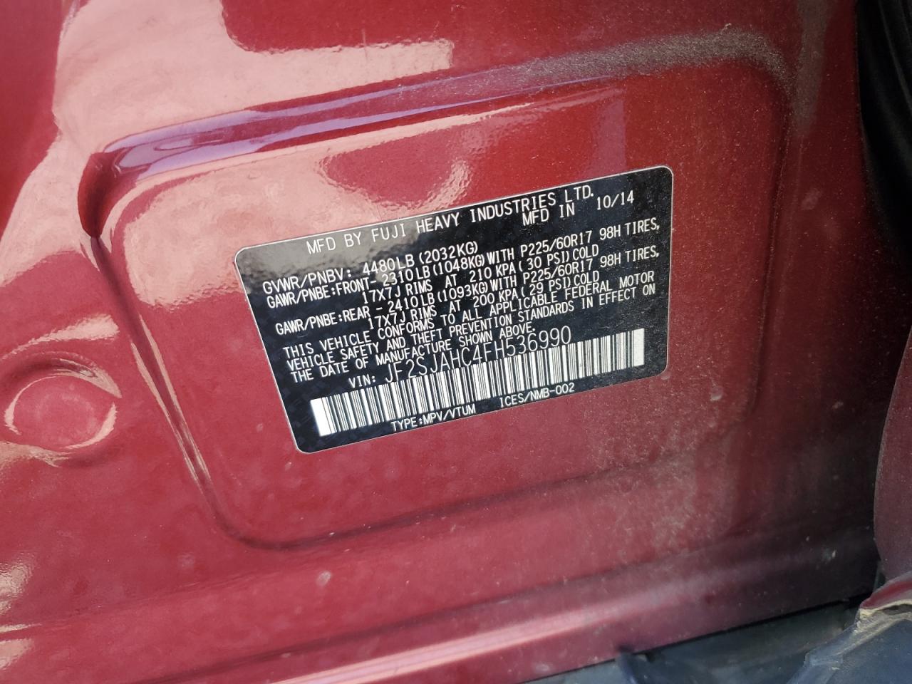 2015 Subaru Forester 2.5I Limited VIN: JF2SJAHC4FH536990 Lot: 62696455