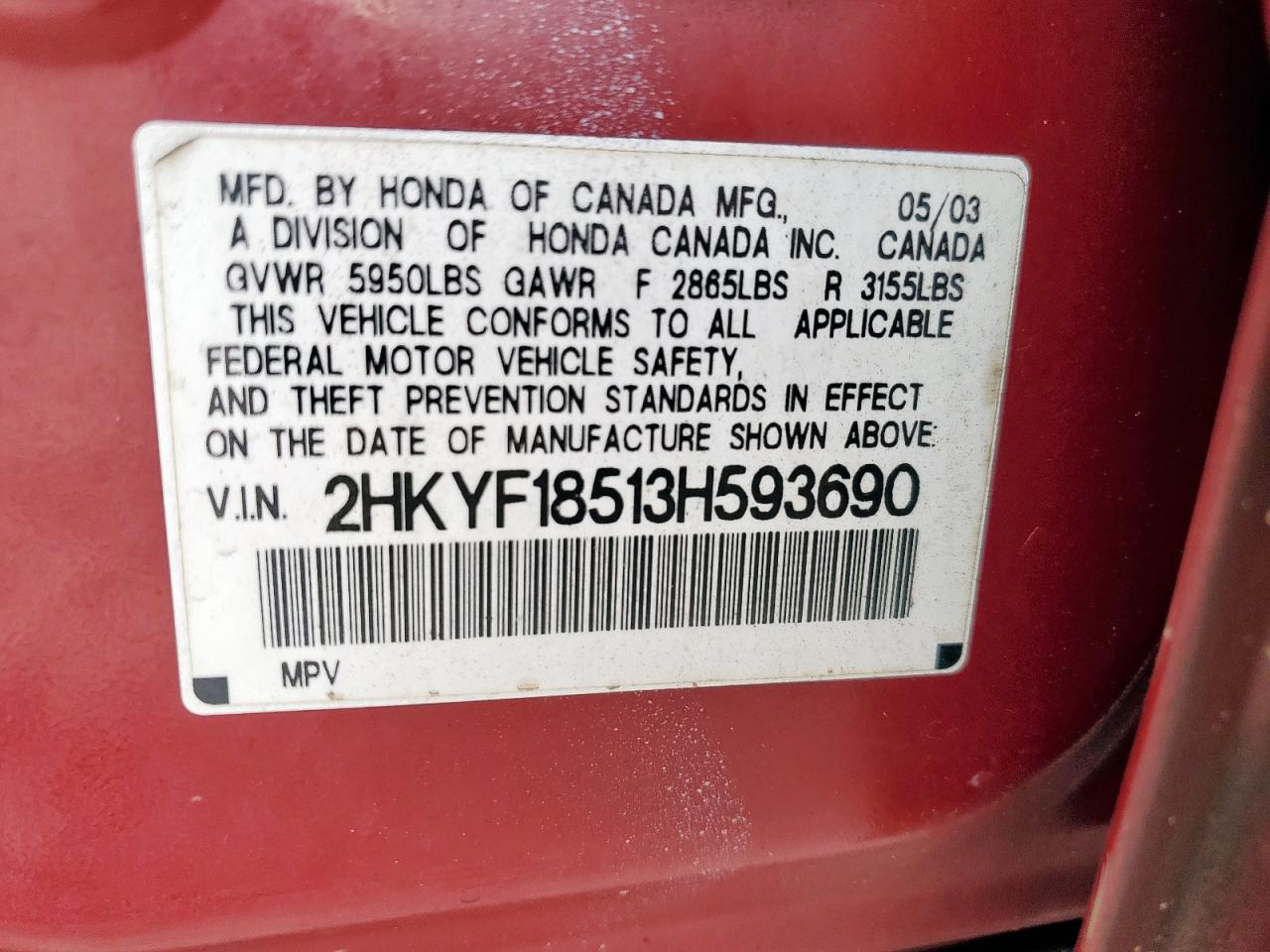 2003 Honda Pilot Exl VIN: 2HKYF18513H593690 Lot: 62341525