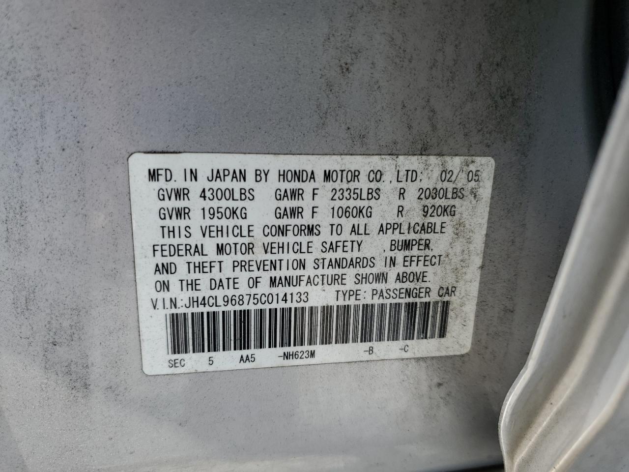 2005 Acura Tsx VIN: JH4CL96875C014133 Lot: 62074165