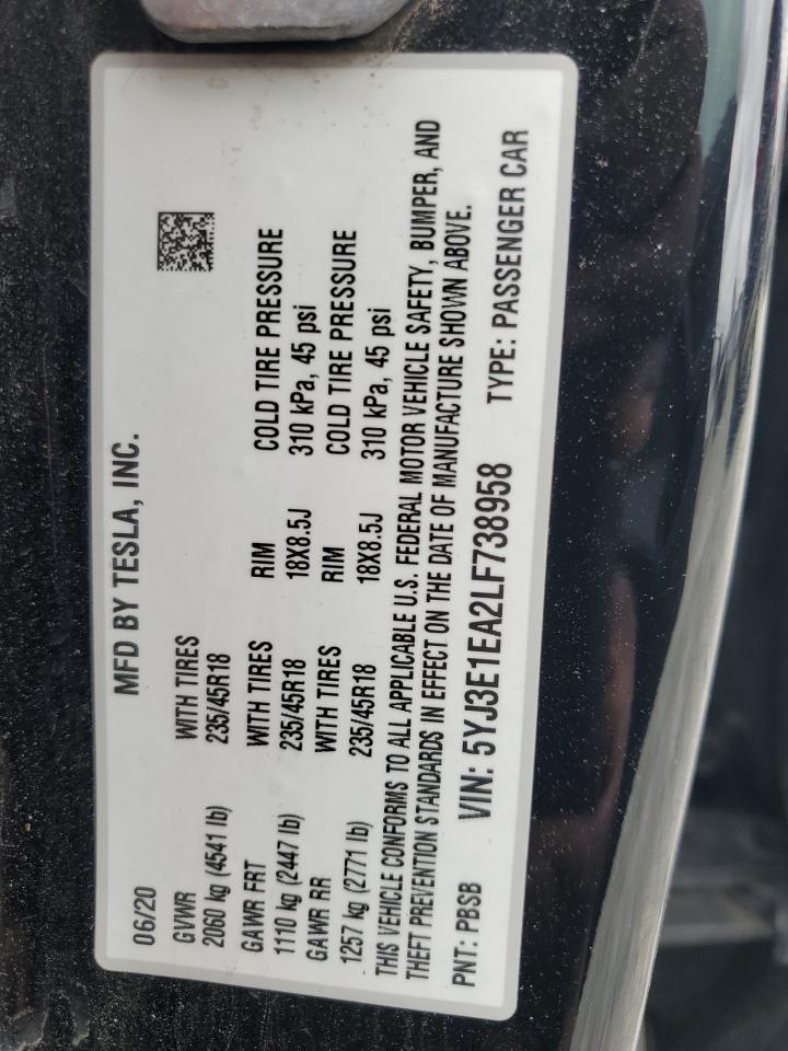 2020 Tesla Model 3 VIN: 5YJ3E1EA2LF738958 Lot: 54246505