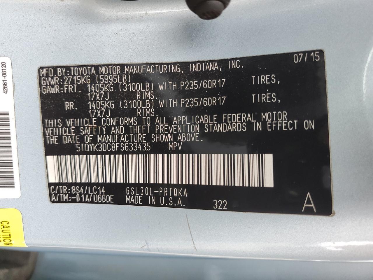 2015 Toyota Sienna Xle VIN: 5TDYK3DC8FS633435 Lot: 62221955
