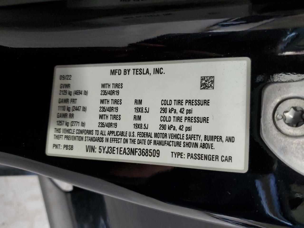 2022 Tesla Model 3 VIN: 5YJ3E1EA3NF368509 Lot: 62069395