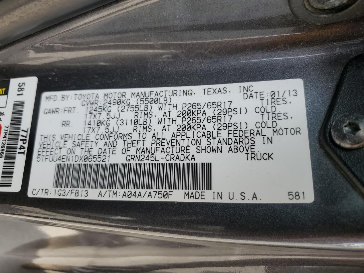 2013 Toyota Tacoma VIN: 5TFUU4EN1DX065521 Lot: 63083885