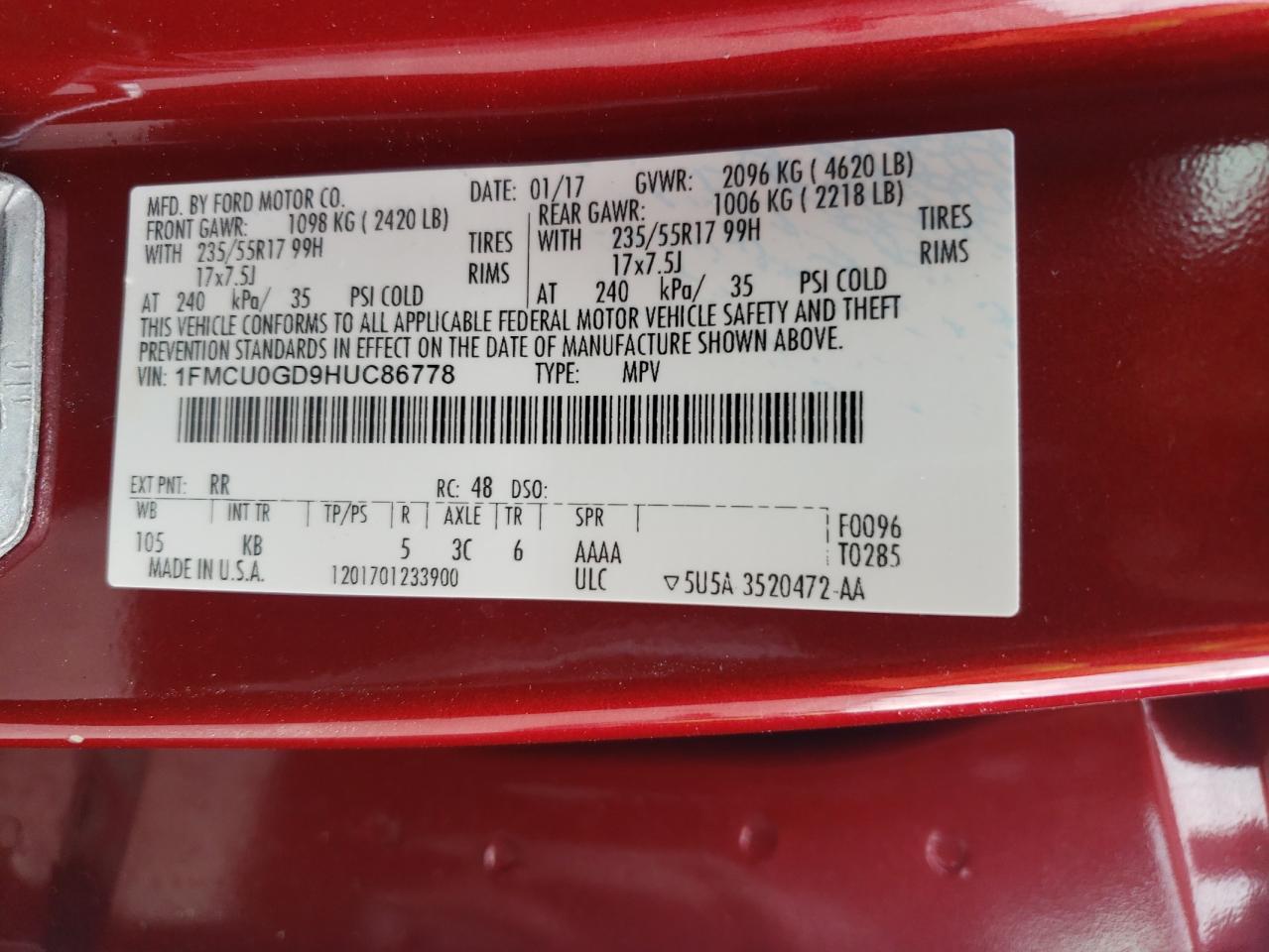1FMCU0GD9HUC86778 FORD ESCAPE 2017