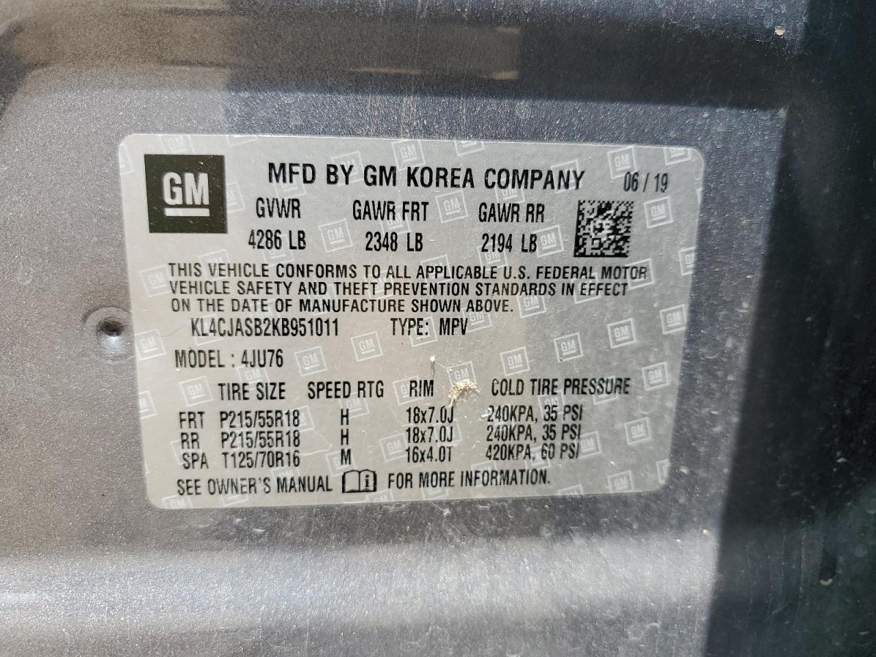 2019 Buick Encore Preferred VIN: KL4CJASB2KB951011 Lot: 61826545
