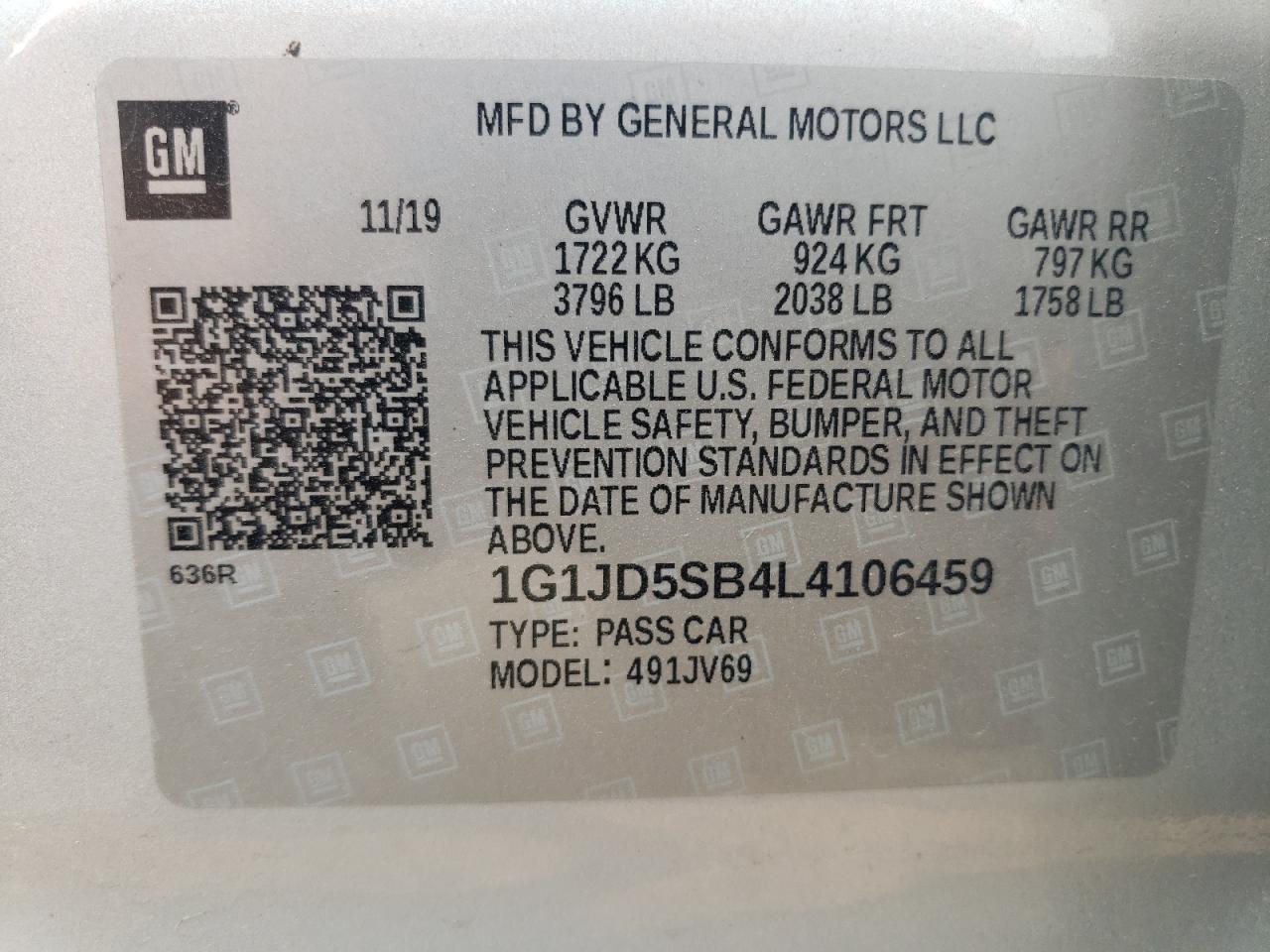 2020 Chevrolet Sonic Lt VIN: 1G1JD5SB4L4106459 Lot: 59321815
