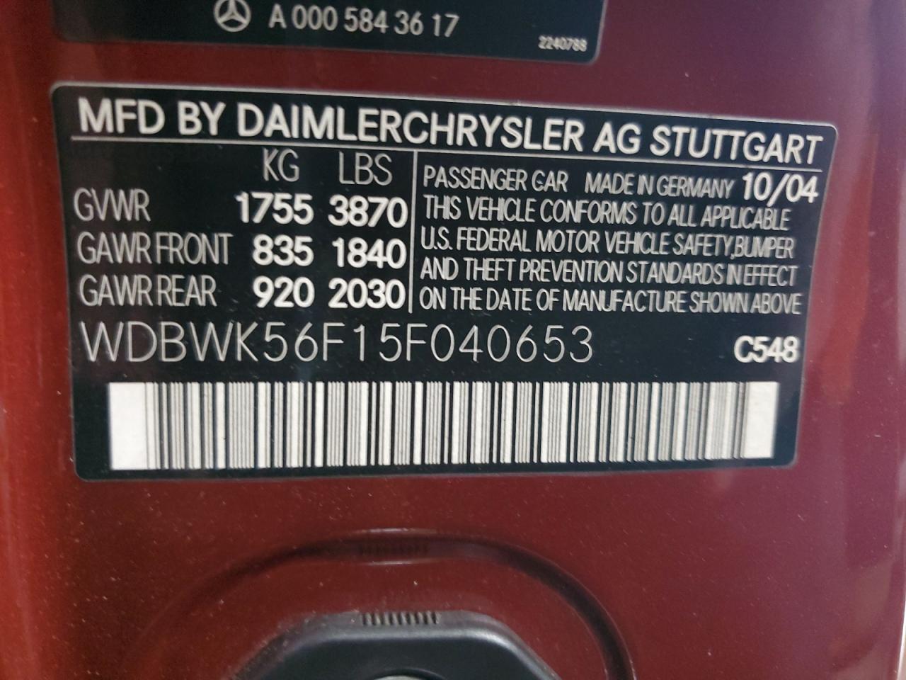 2005 Mercedes-Benz Slk 350 VIN: WDBWK56F15F040653 Lot: 61600165