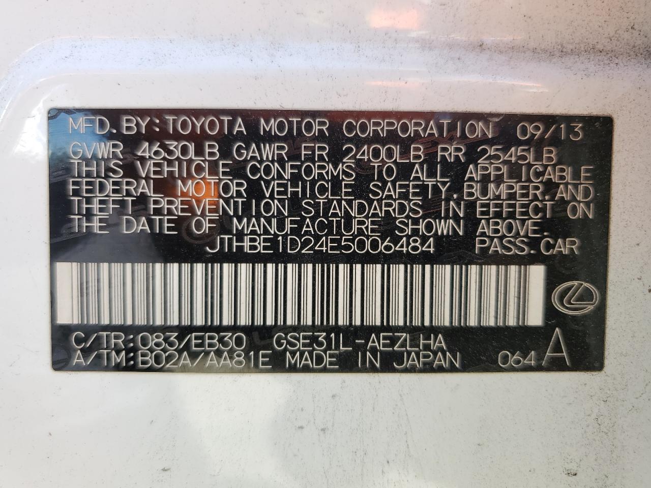 2014 Lexus Is 350 VIN: JTHBE1D24E5006484 Lot: 60309865