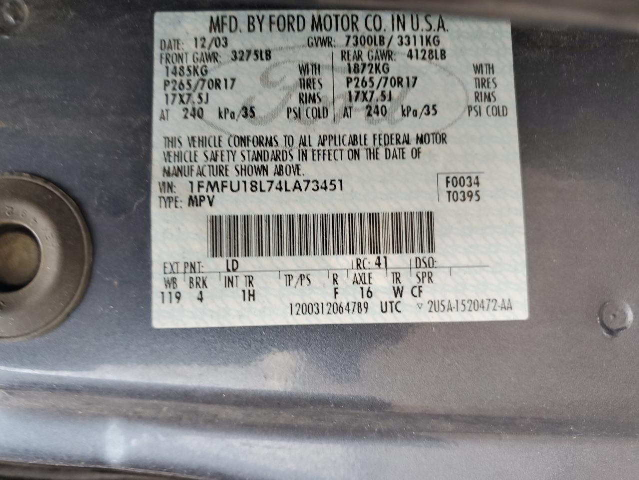 2004 Ford Expedition Eddie Bauer VIN: 1FMFU18L74LA73451 Lot: 60858245