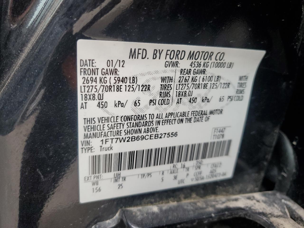 2012 Ford F250 Super Duty VIN: 1FT7W2B69CEB27556 Lot: 62176985