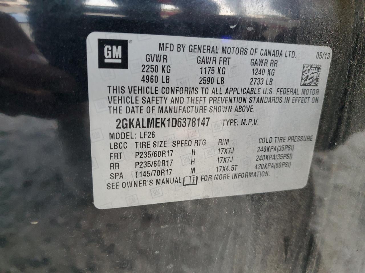 2013 GMC Terrain Sle VIN: 2GKALMEK1D6378147 Lot: 89708515