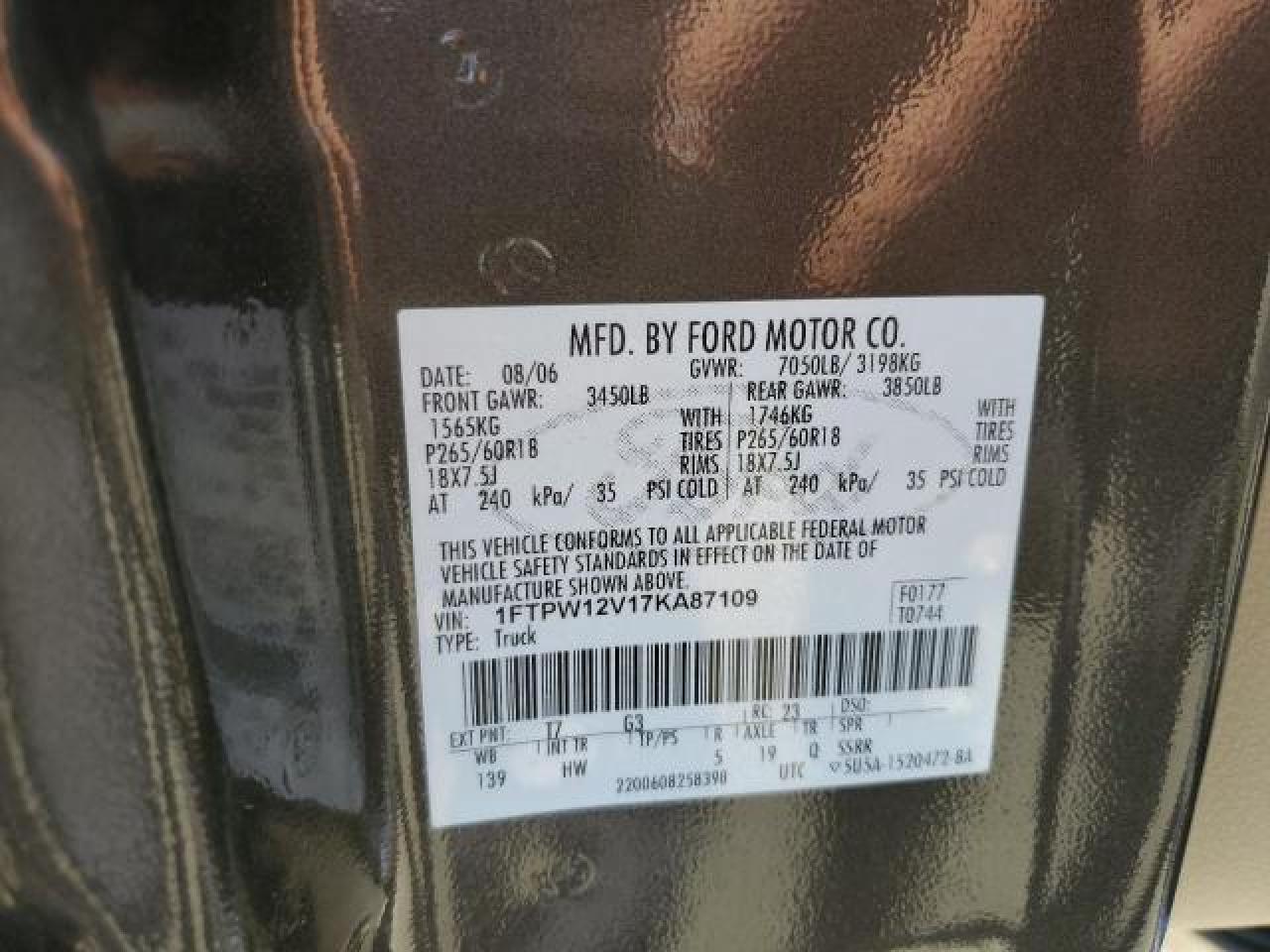 2007 Ford F150 Supercrew VIN: 1FTPW12V17KA87109 Lot: 58259625