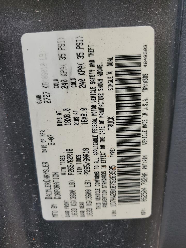 2007 Dodge Dakota Quad VIN: 1D7HW28K87S263585 Lot: 60899585