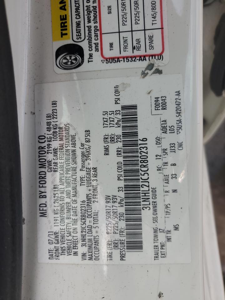 2012 Lincoln Mkz VIN: 3LNHL2JC5CR802316 Lot: 60153365