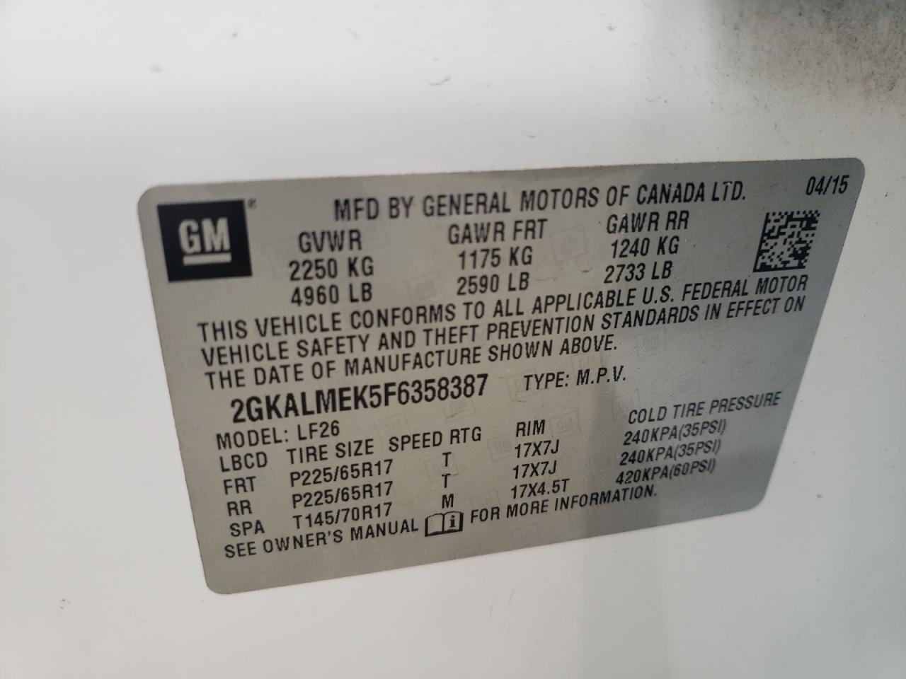 2015 GMC Terrain Sle VIN: 2GKALMEK5F6358387 Lot: 61454365