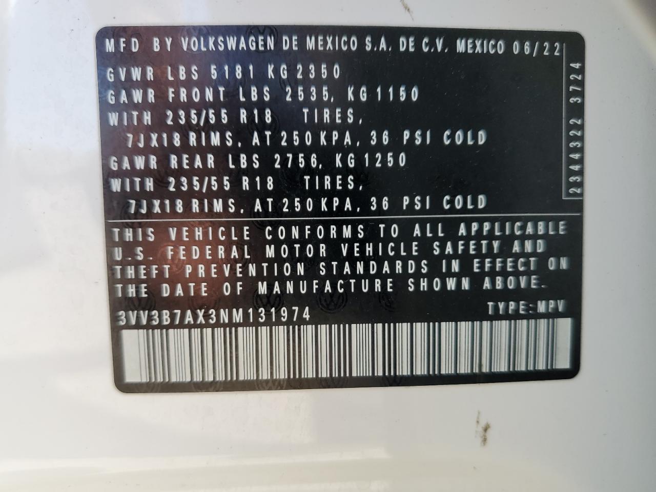 2022 Volkswagen Tiguan Se VIN: 3VV3B7AX3NM131974 Lot: 63113115