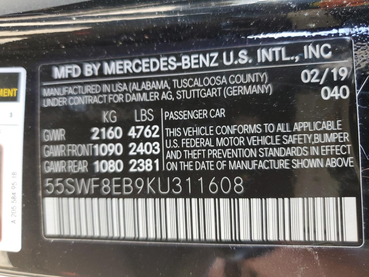 2019 Mercedes-Benz C 300 4Matic VIN: 55SWF8EB9KU311608 Lot: 61310855
