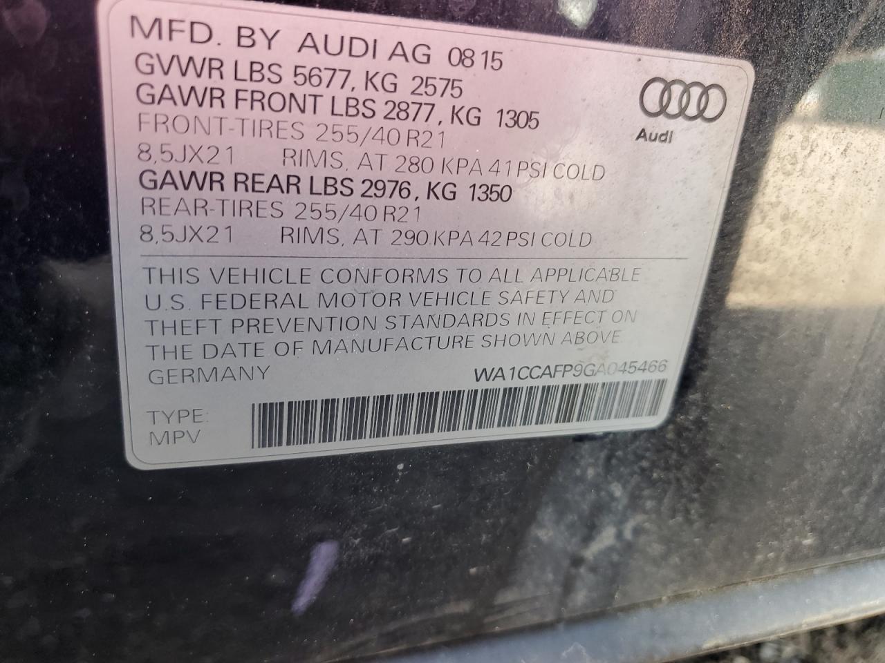 2016 Audi Sq5 Premium Plus VIN: WA1CCAFP9GA045466 Lot: 60242825