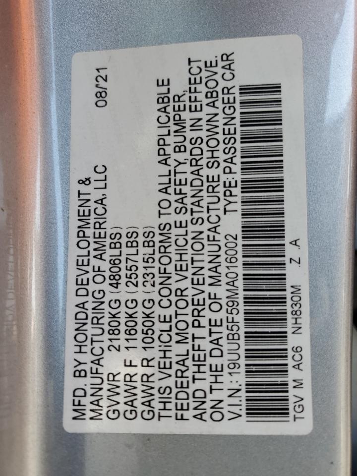 2021 Acura Tlx Tech A VIN: 19UUB5F59MA016002 Lot: 60879115