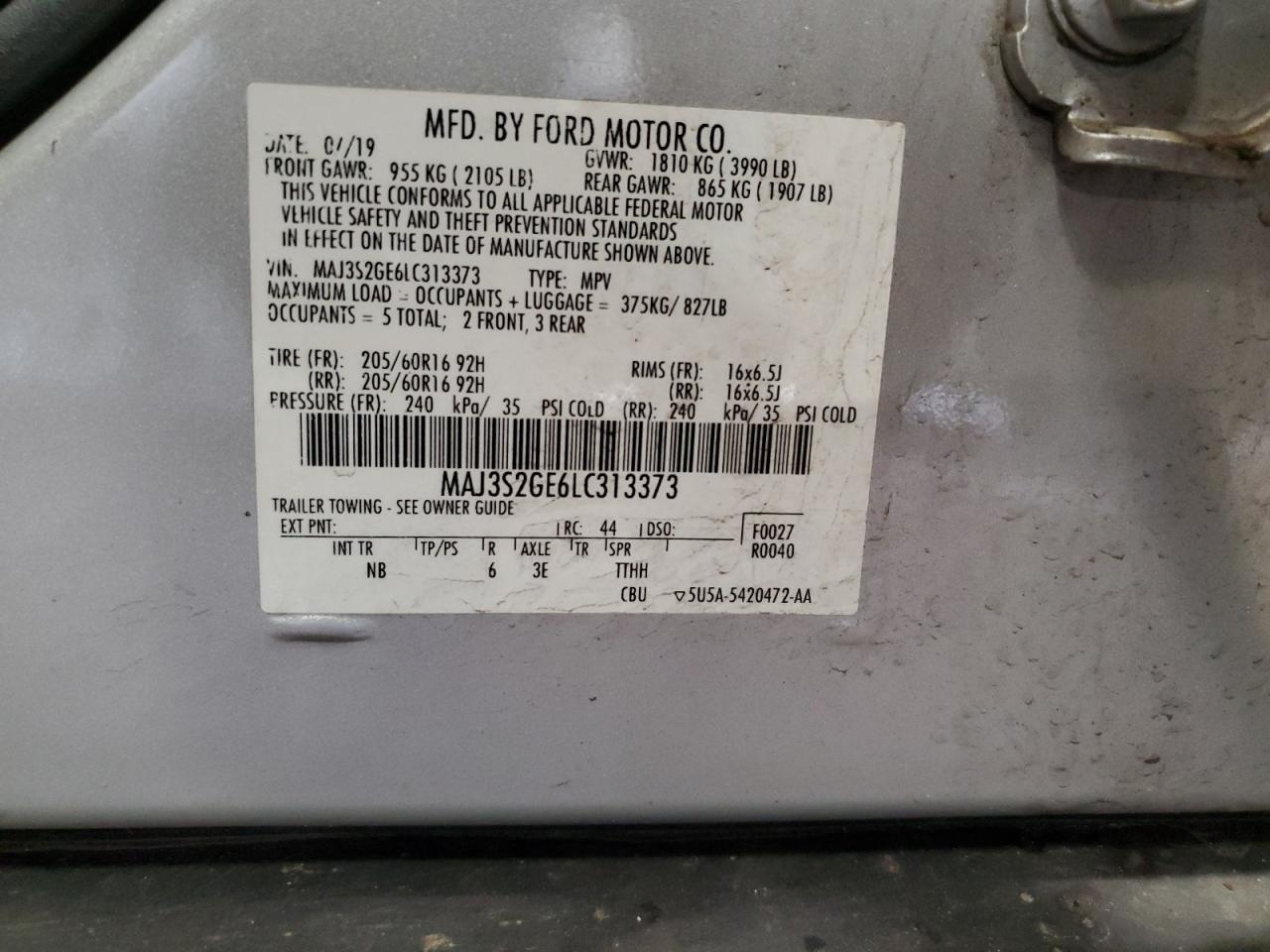2020 Ford Ecosport Se VIN: MAJ3S2GE6LC313373 Lot: 62111125