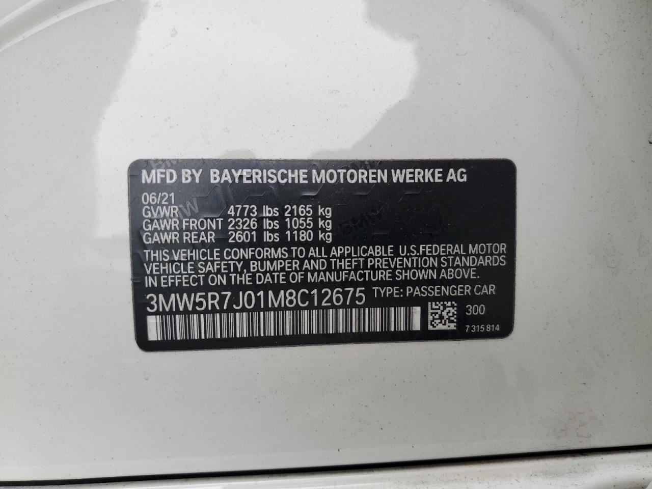 2021 BMW 330Xi VIN: 3MW5R7J01M8C12675 Lot: 62238205