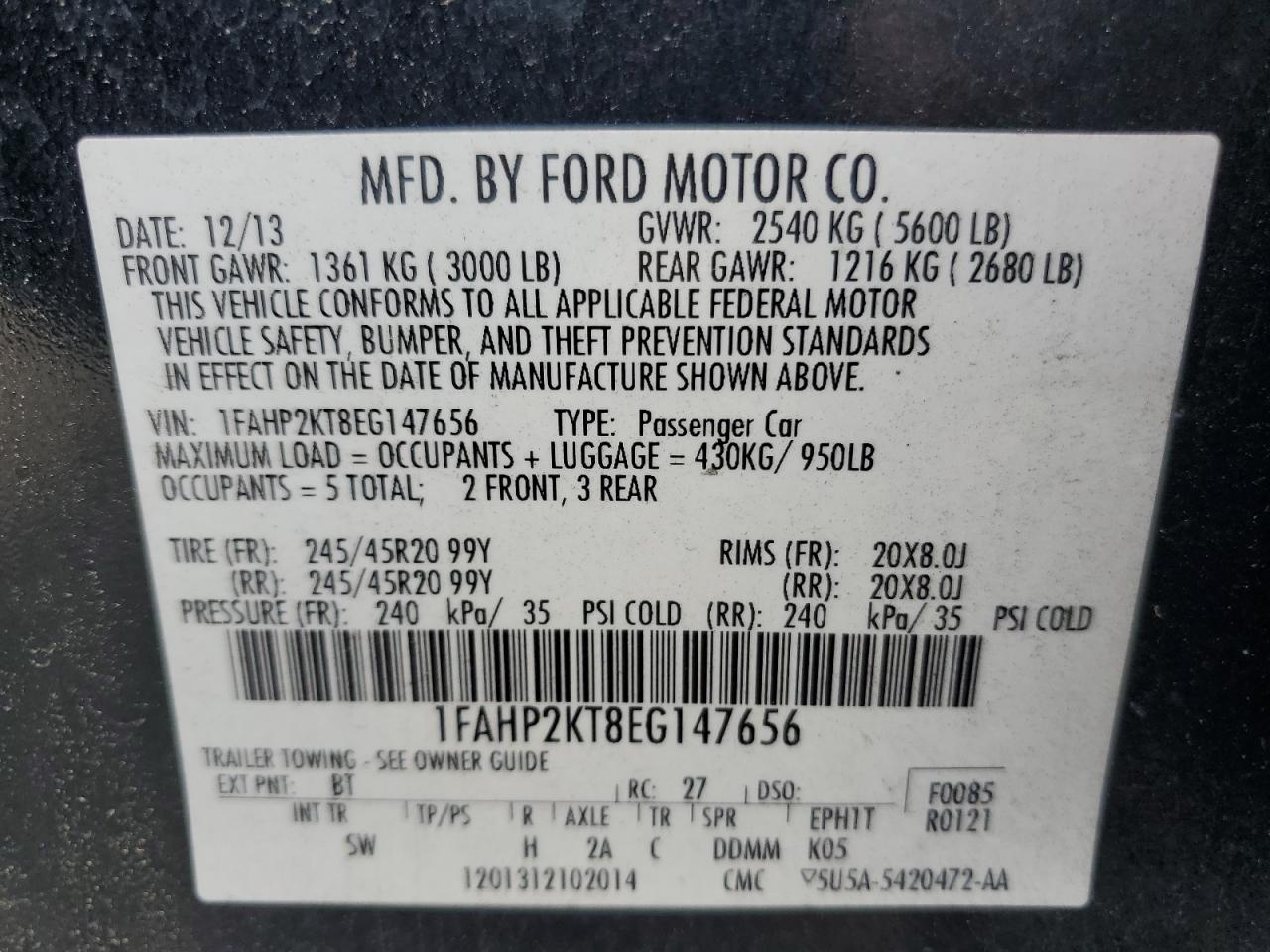 2014 Ford Taurus Sho VIN: 1FAHP2KT8EG147656 Lot: 63069375
