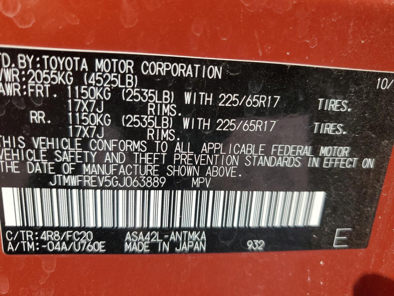 JTMWFREV5GJ063889 TOYOTA RAV4 2016