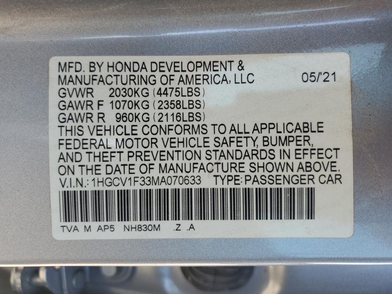 2021 Honda Accord Sport VIN: 1HGCV1F33MA070633 Lot: 60758105