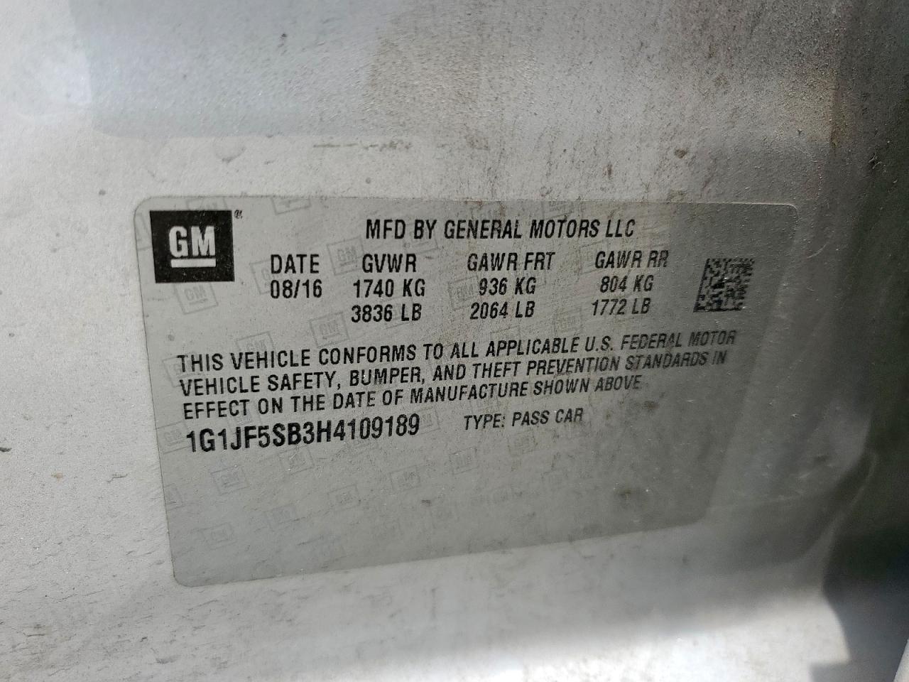 1G1JF5SB3H4109189 CHEVROLET SONIC 2017