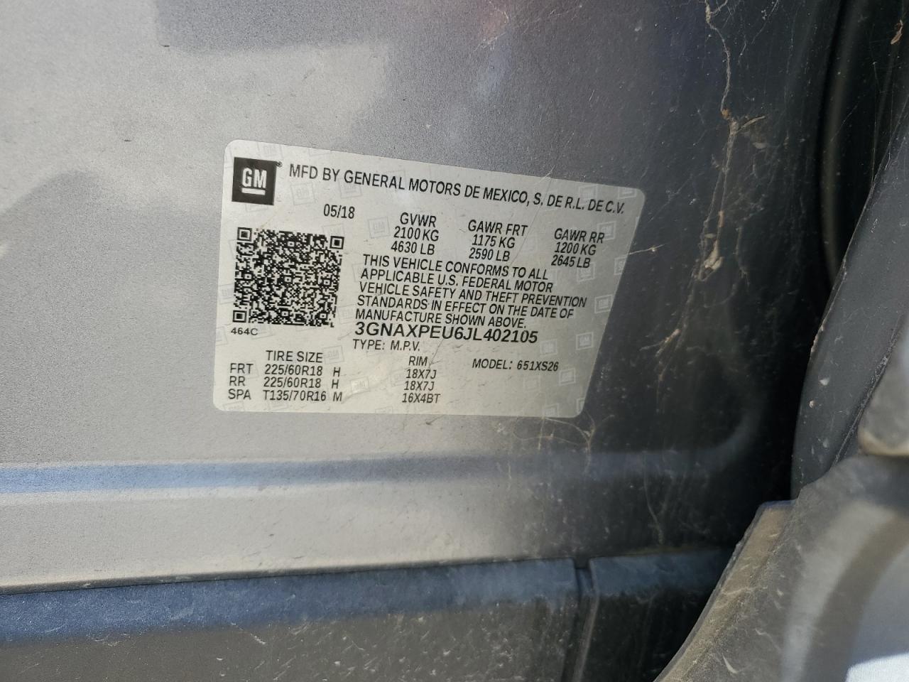 3GNAXPEU6JL402105 CHEVROLET EQUINOX 2018